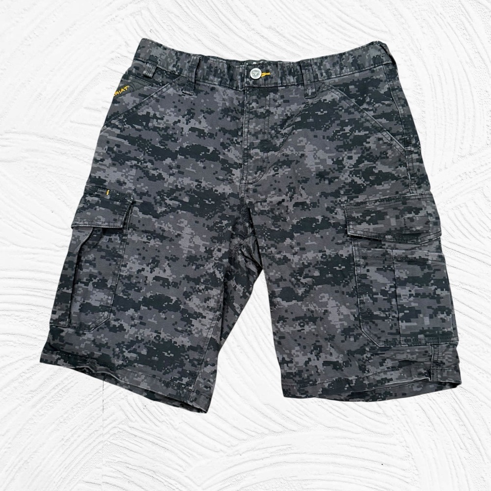 Ariat Shorts Mens 32x10 Black Gray Digi Camo Cargo Rebar M4 Relaxed Canvas Work